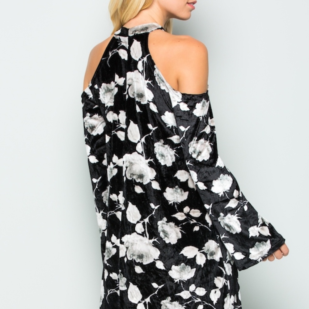 Floral Velvet Black & White Cold Shoulder Dress